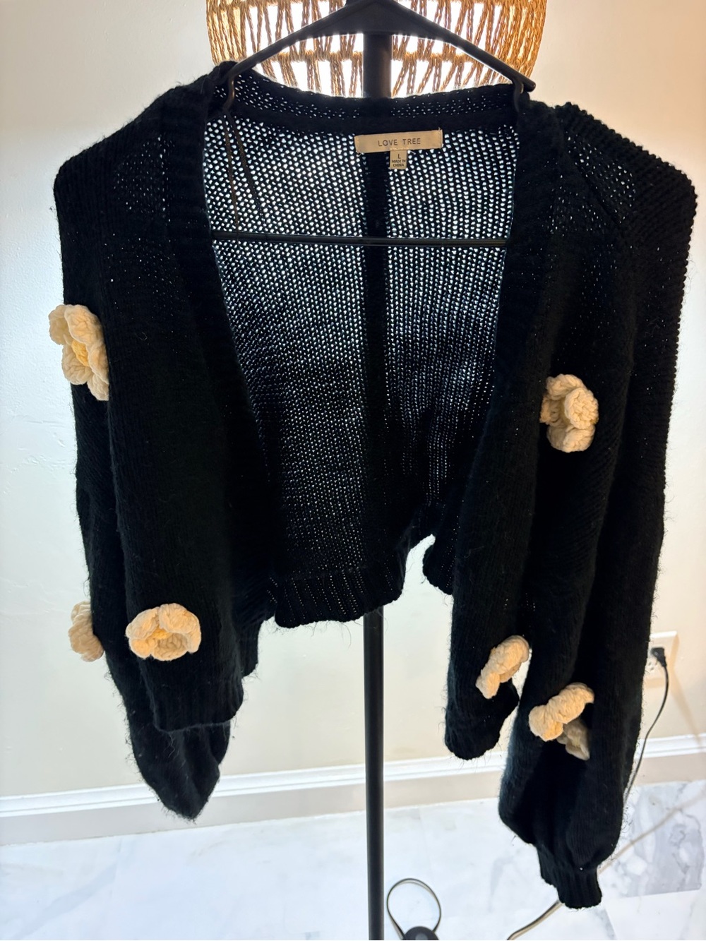Love Tree Black Cropped Cardigan with Cream Floral Appliqués